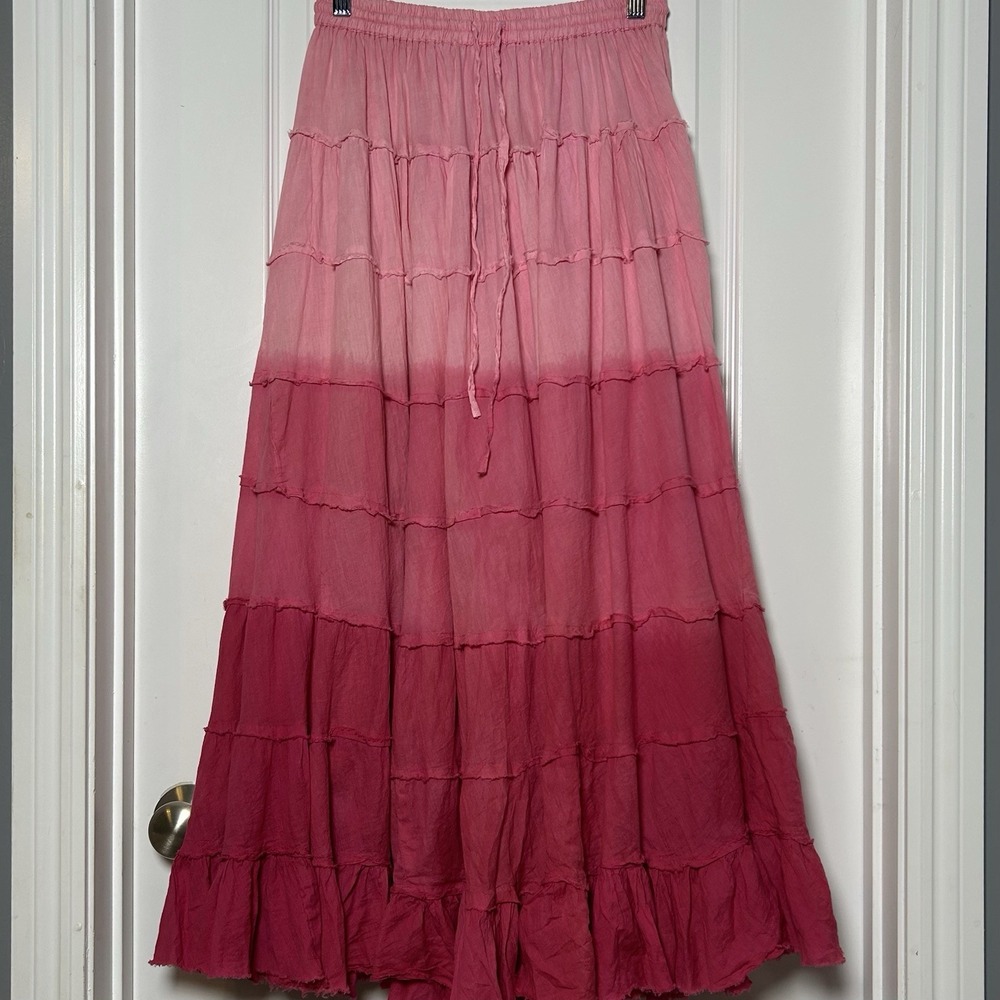 Jackpot Vintage Y2K 2000s 100% Cotton Pink Ombre Raw Hem Bohemian Maxi Skirt